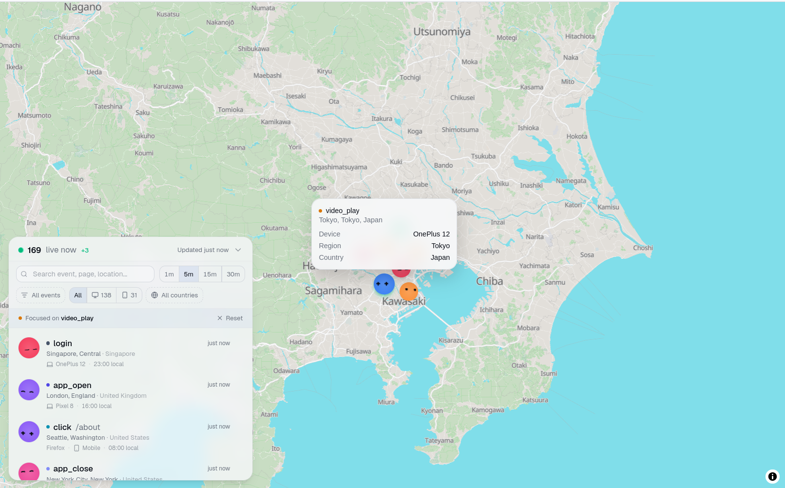 Pug's Live view: a map of the Tokyo region with event markers, a panel showing 169 users live now with event, device, and country filters, a focused video_play event from a OnePlus 12 in Tokyo, and a stream of just-arrived events — login from Singapore, app_open from London, click from Seattle